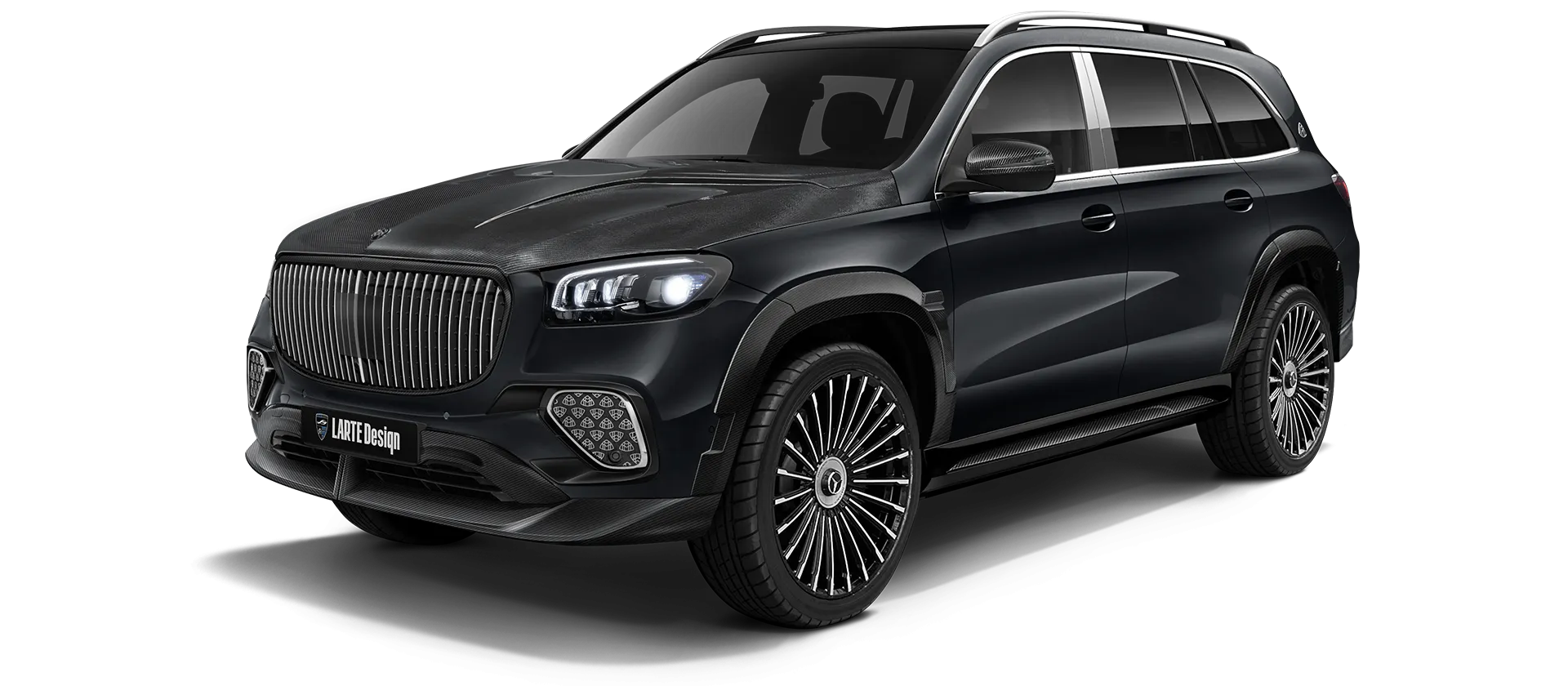 Mercedes Maybach GLS 600 X167 Facelift 2025 carbon front view shown in Black Mercedes Maybach GLS 600 X167 Facelift 2025 with carbon body kit: front view shown in Black