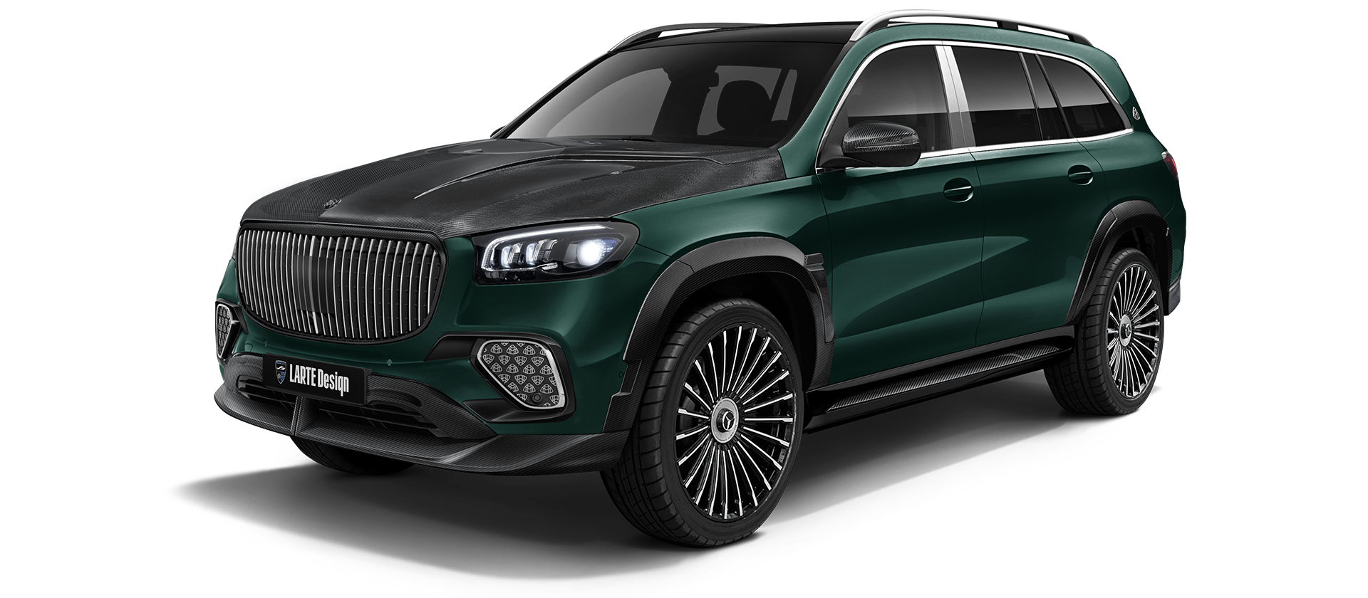 Mercedes Maybach GLS 600 X167 Facelift 2025 carbon front view shown in Green Mercedes Maybach GLS 600 X167 Facelift 2025 with carbon body kit: front view shown in Green