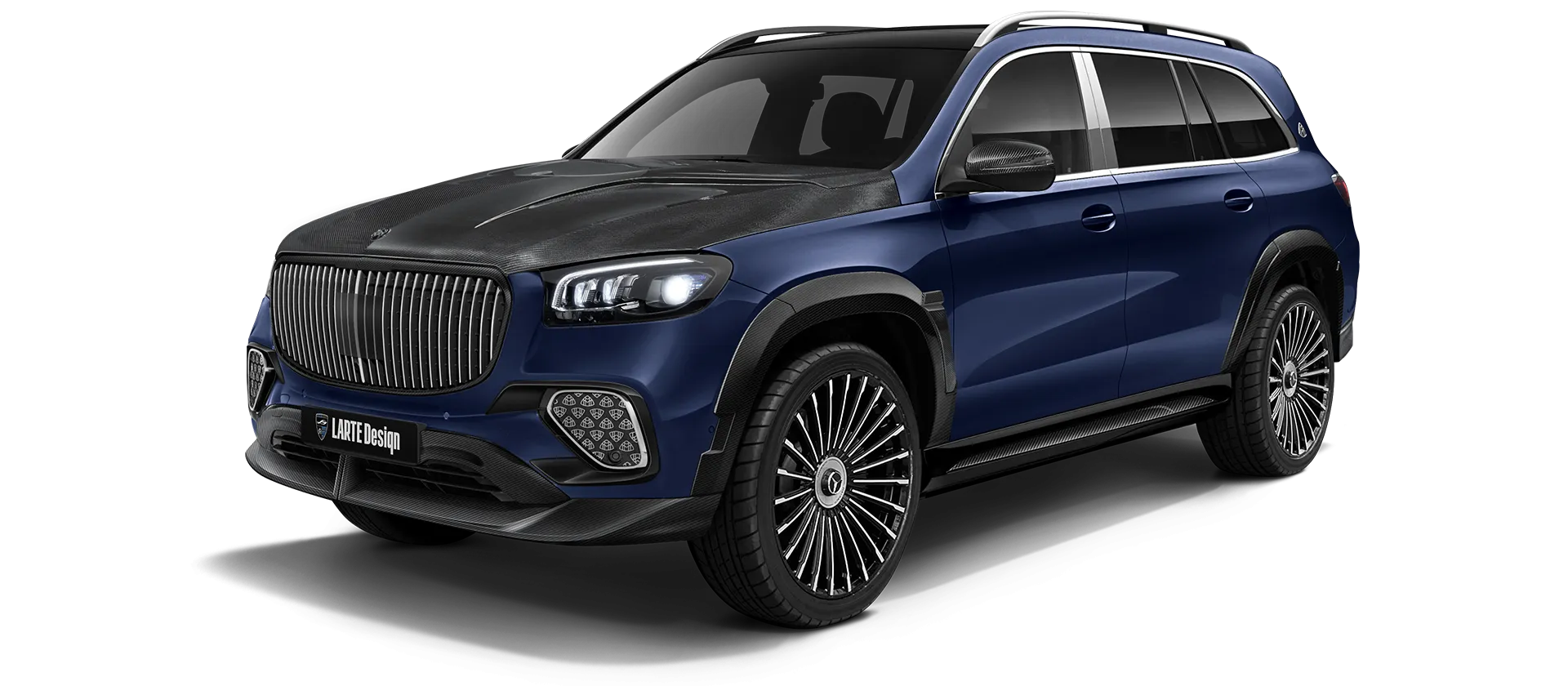 Mercedes Maybach GLS 600 X167 Facelift 2025 carbon front view shown in Mystic Blue Mercedes Maybach GLS 600 X167 Facelift 2025 with carbon body kit: front view shown in Mystic Blue