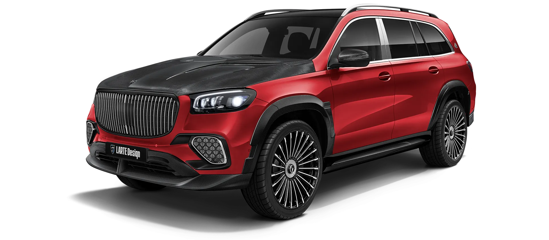 Mercedes Maybach GLS 600 X167 Facelift 2025 carbon front view shown in Red Mercedes Maybach GLS 600 X167 Facelift 2025 with carbon body kit: front view shown in Red