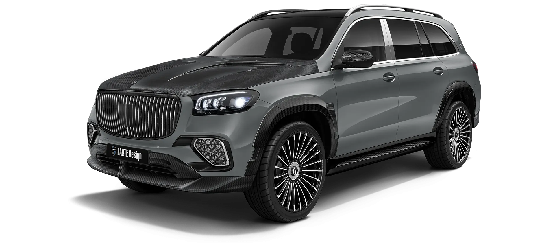 Mercedes Maybach GLS 600 X167 Facelift 2025 carbon front view shown in Silinit Gray Mercedes Maybach GLS 600 X167 Facelift 2025 with carbon body kit: front view shown in Silinit Gray