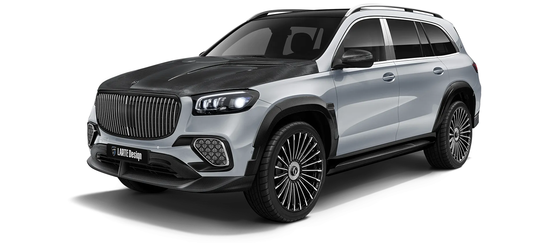 Mercedes Maybach GLS 600 X167 Facelift 2025 carbon front view shown in Silver High Tech Mercedes Maybach GLS 600 X167 Facelift 2025 with carbon body kit: front view shown in Silver High Tech