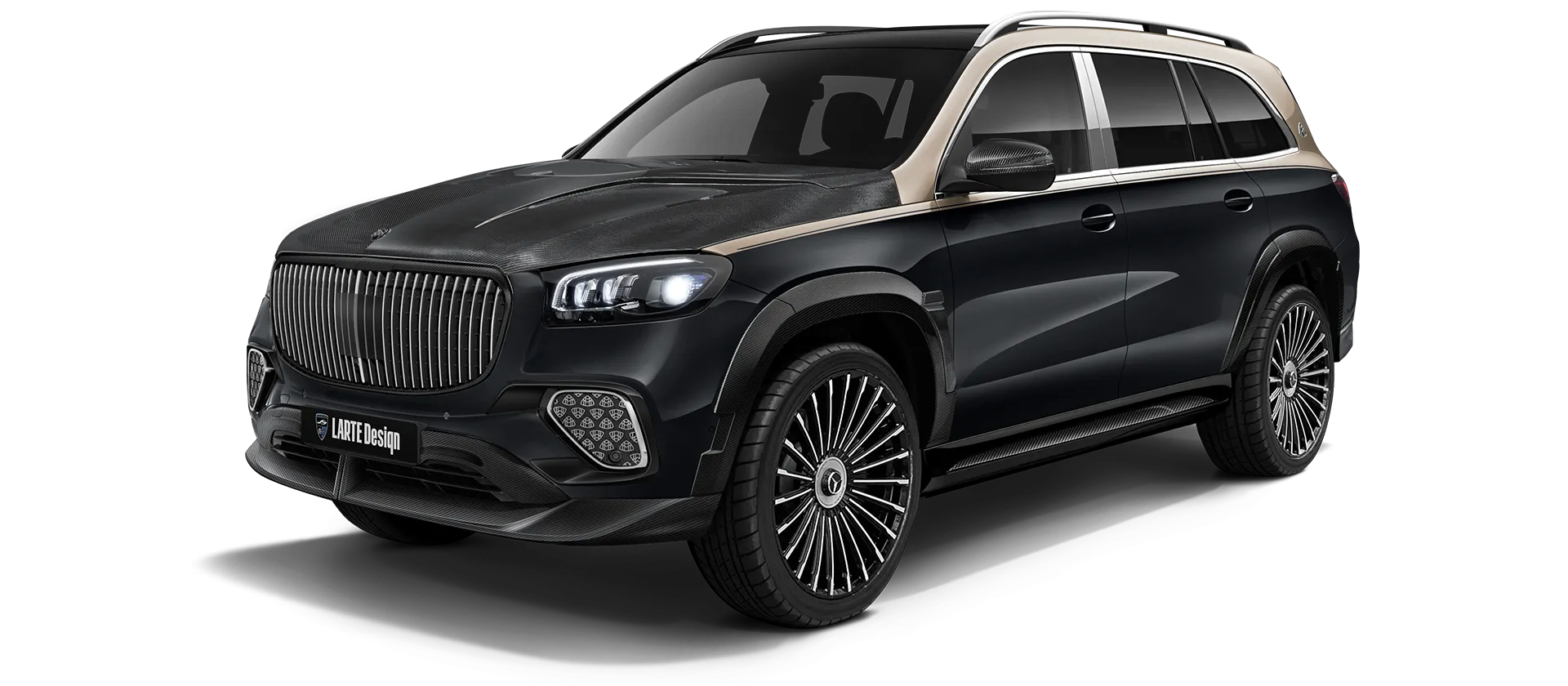 Mercedes Maybach GLS 600 X167 Facelift 2025 carbon front view shown in Two Tone Black Gold Mercedes Maybach GLS 600 X167 Facelift 2025 with carbon body kit: front view shown in Two Tone Black Gold