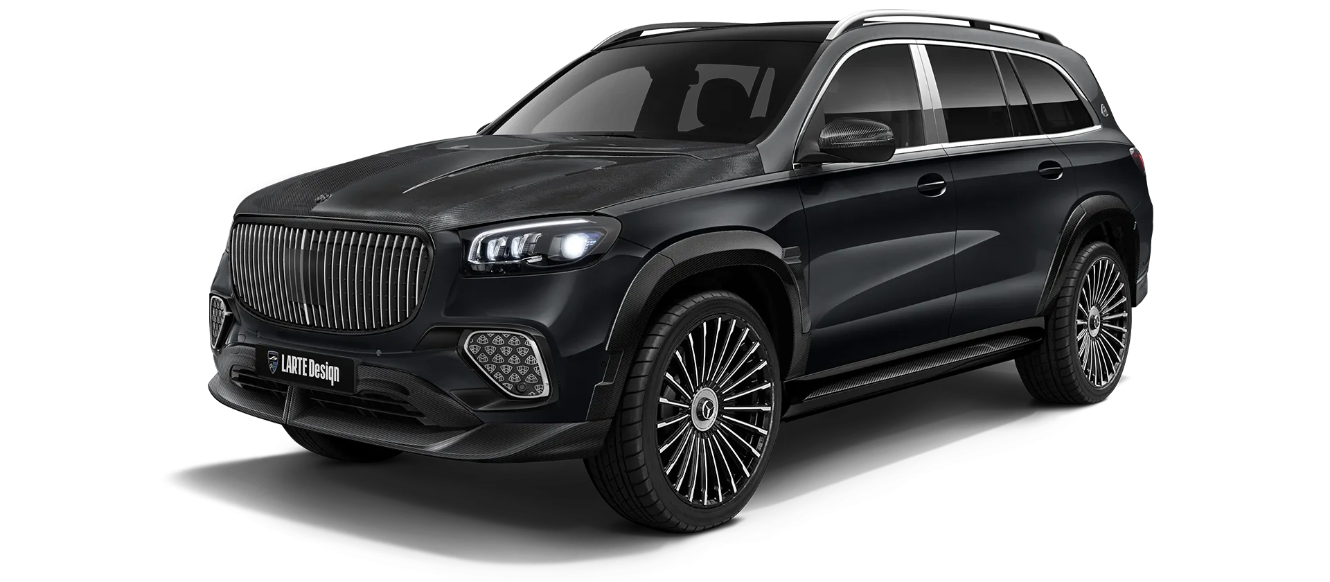 Mercedes Maybach GLS 600 X167 Facelift 2025 carbon front view shown in Two Tone Black & Gray Mercedes Maybach GLS 600 X167 Facelift 2025 with carbon body kit: front view shown in Two Tone Black & Gray