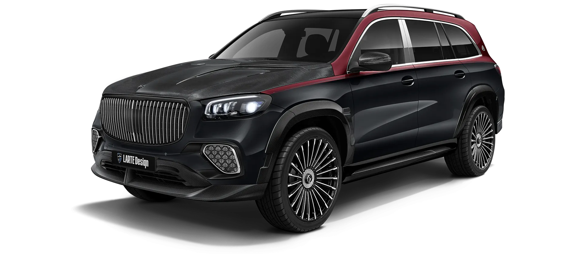 Mercedes Maybach GLS 600 X167 Facelift 2025 carbon front view shown in Two Tone Black Red Mercedes Maybach GLS 600 X167 Facelift 2025 with carbon body kit: front view shown in Two Tone Black Red
