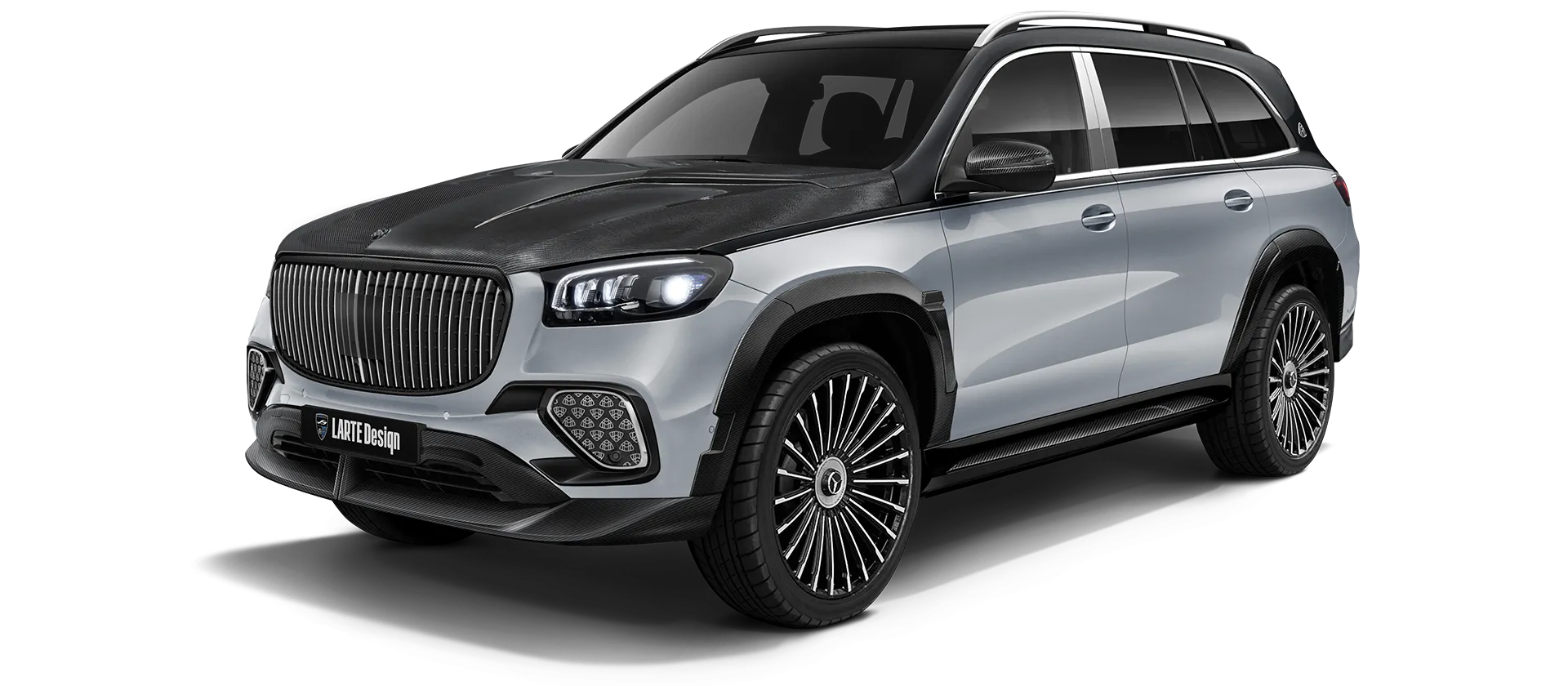 Mercedes Maybach GLS 600 X167 Facelift 2025 carbon front view shown in Two Tone Black Silver Mercedes Maybach GLS 600 X167 Facelift 2025 with carbon body kit: front view shown in Two Tone Black Silver