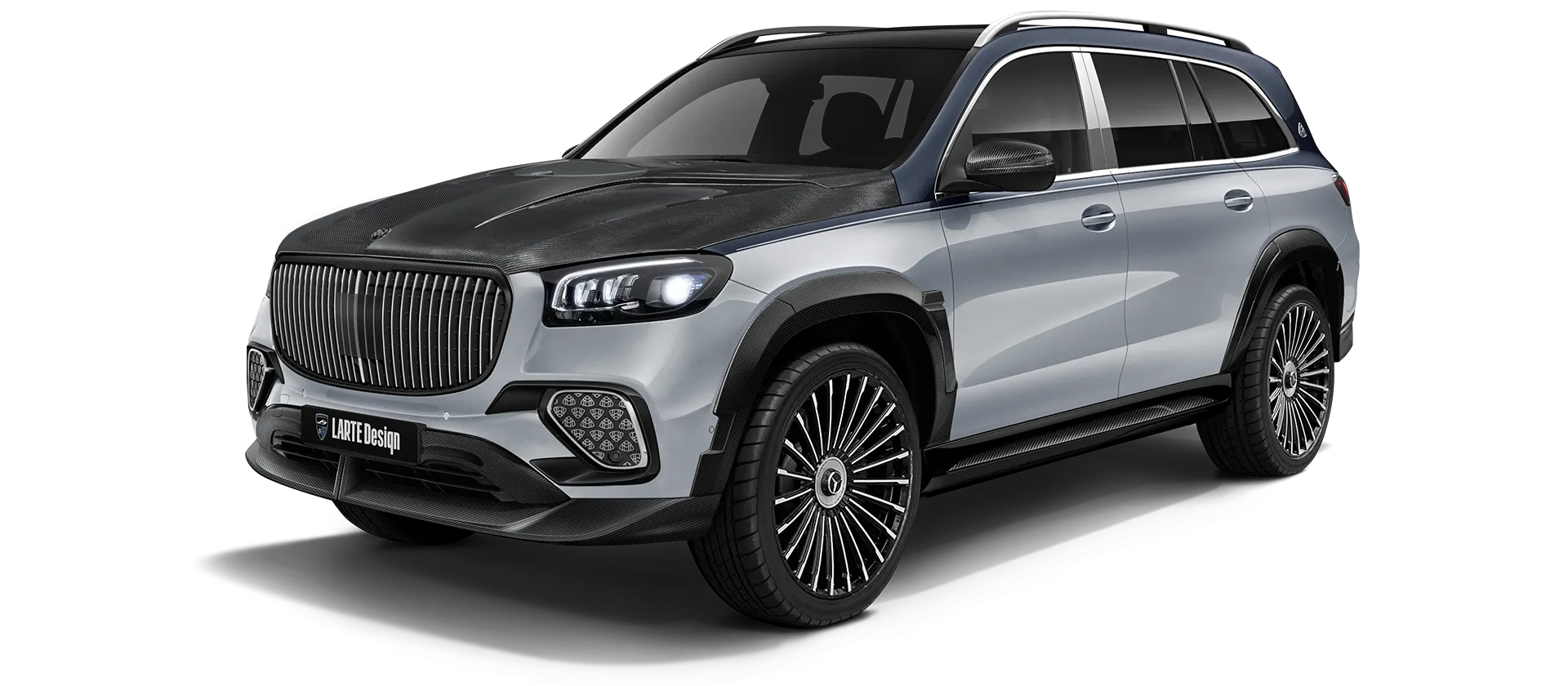 Mercedes Maybach GLS 600 X167 Facelift 2025 carbon front view shown in Two Tone Silver Blue Mercedes Maybach GLS 600 X167 Facelift 2025 with carbon body kit: front view shown in Two Tone Silver Blue