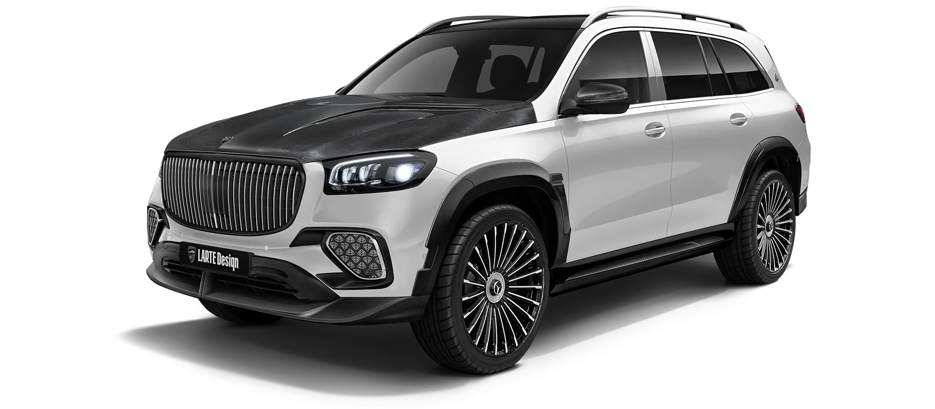Mercedes Maybach GLS 600 X167 Facelift 2025 carbon front view shown in White Mercedes Maybach GLS 600 X167 Facelift 2025 with carbon body kit: front view shown in White