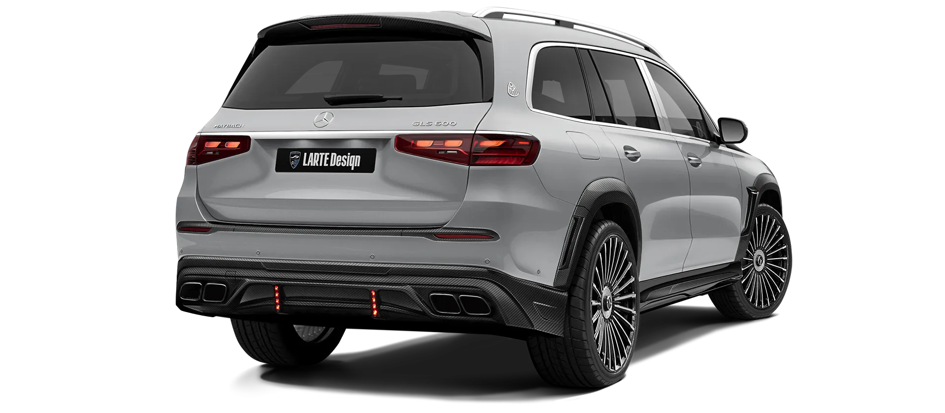 Mercedes Maybach GLS 600 X167 Facelift 2025 carbon back view shown in Alpine Silver Mercedes Maybach GLS 600 X167 Facelift 2025 with carbon body kit: back view shown in Alpine Silver