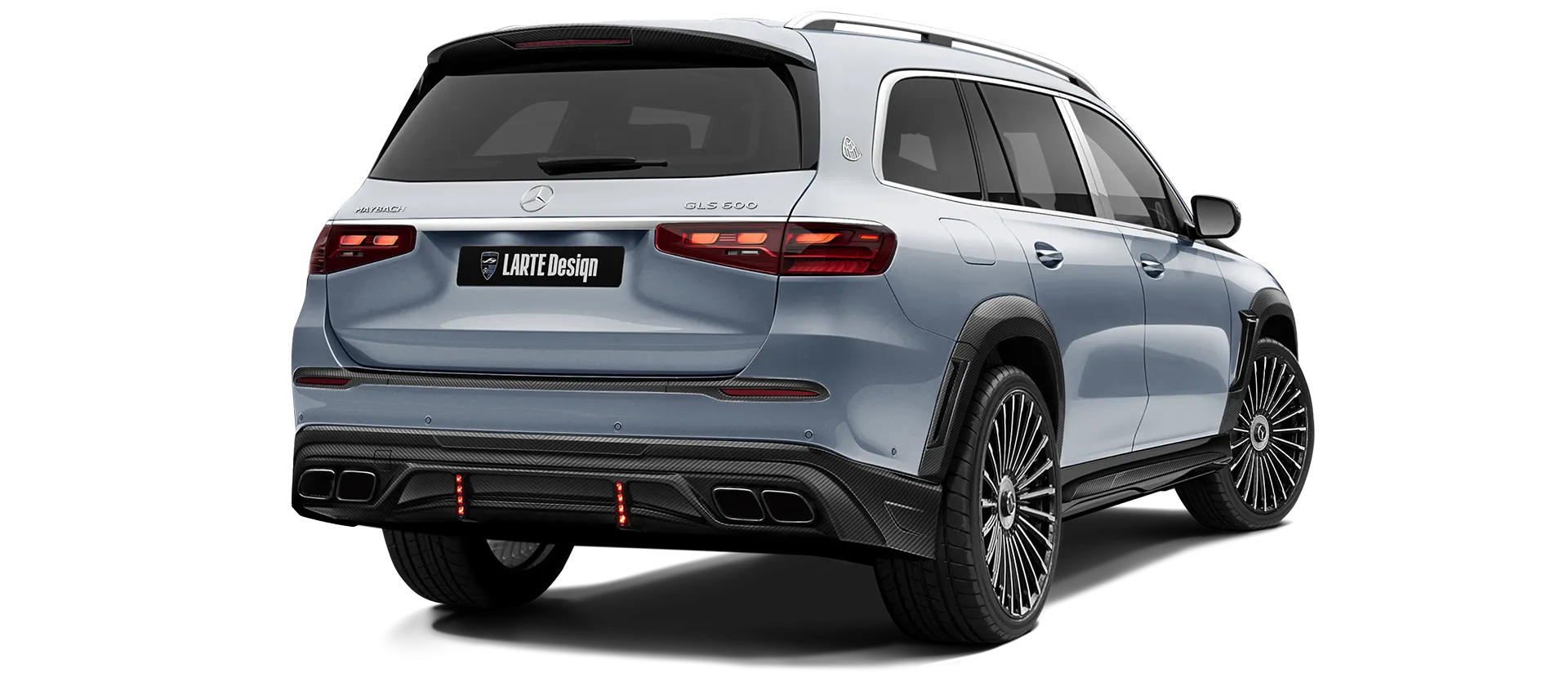 Mercedes Maybach GLS 600 X167 Facelift 2025 carbon back view shown in Azur Blue Mercedes Maybach GLS 600 X167 Facelift 2025 with carbon body kit: back view shown in Azur Blue