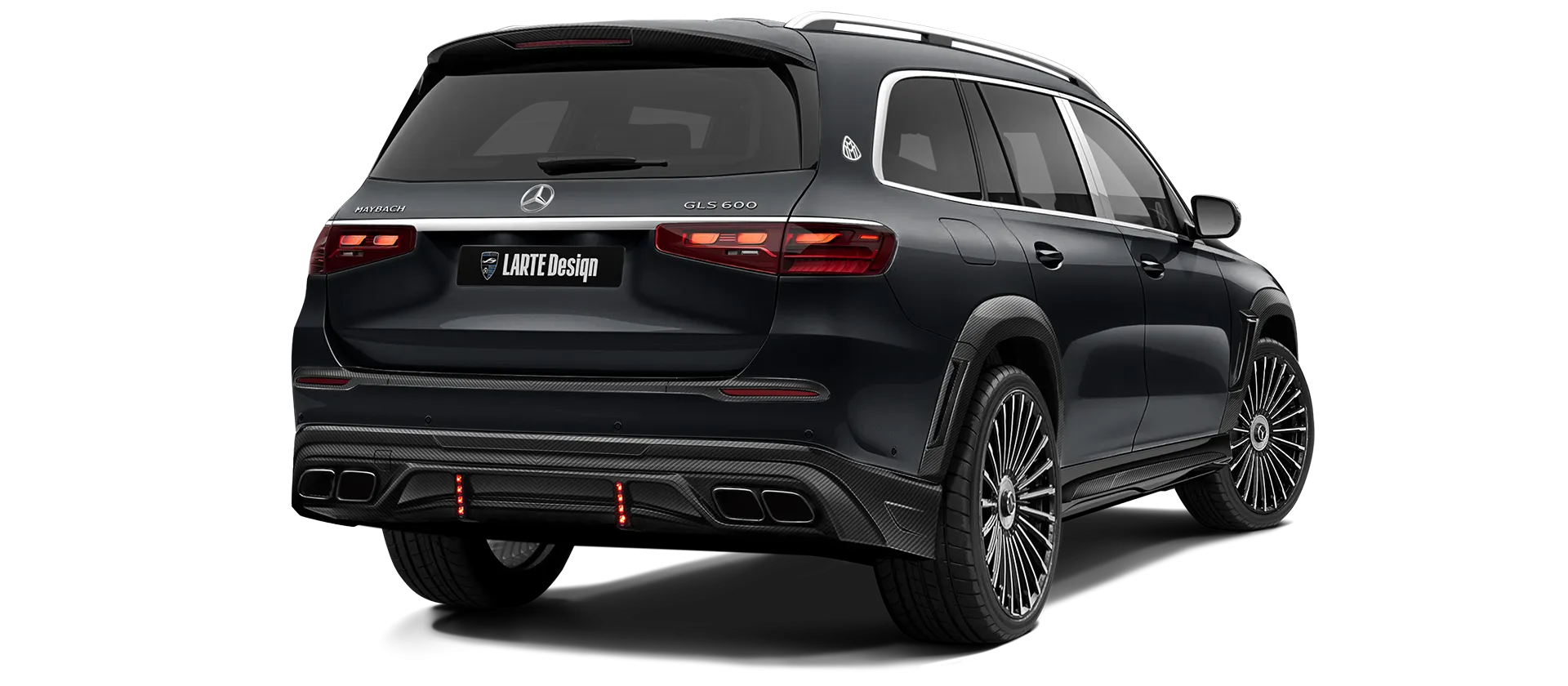 Mercedes Maybach GLS 600 X167 Facelift 2025 carbon back view shown in Black Mercedes Maybach GLS 600 X167 Facelift 2025 with carbon body kit: back view shown in Black