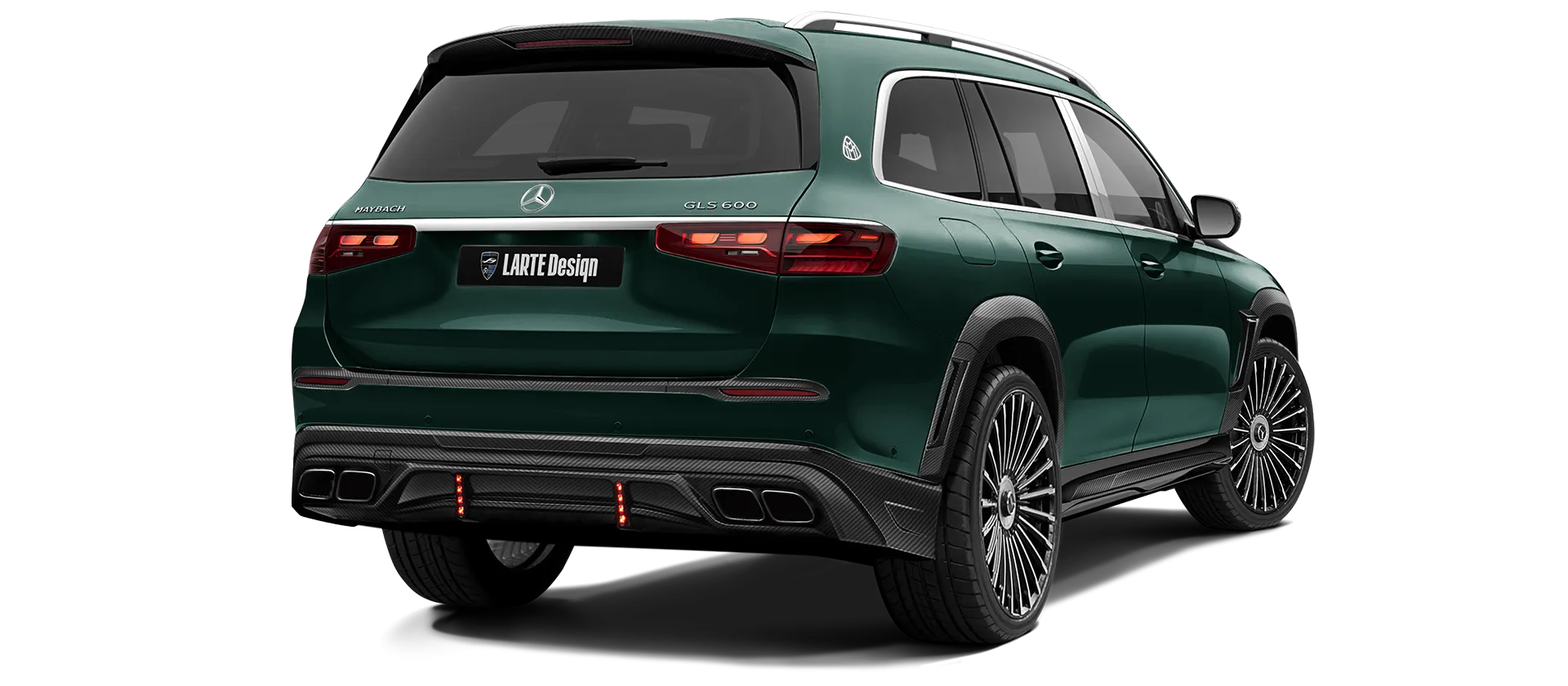 Mercedes Maybach GLS 600 X167 Facelift 2025 carbon back view shown in Green Mercedes Maybach GLS 600 X167 Facelift 2025 with carbon body kit: back view shown in Green