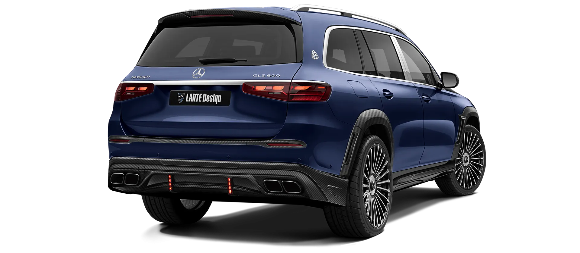 Mercedes Maybach GLS 600 X167 Facelift 2025 carbon back view shown in Mystic Blue Mercedes Maybach GLS 600 X167 Facelift 2025 with carbon body kit: back view shown in Mystic Blue