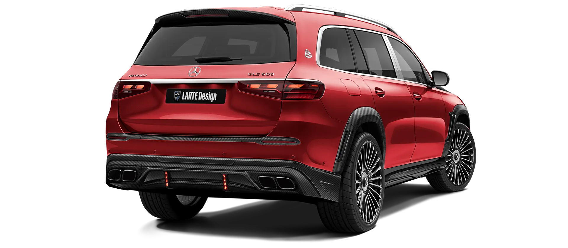 Mercedes Maybach GLS 600 X167 Facelift 2025 carbon back view shown in Red Mercedes Maybach GLS 600 X167 Facelift 2025 with carbon body kit: back view shown in Red