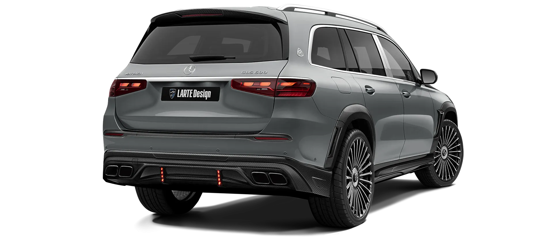 Mercedes Maybach GLS 600 X167 Facelift 2025 carbon back view shown in Silinit Gray Mercedes Maybach GLS 600 X167 Facelift 2025 with carbon body kit: back view shown in Silinit Gray