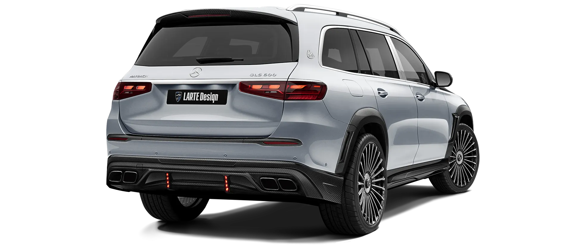 Mercedes Maybach GLS 600 X167 Facelift 2025 carbon back view shown in Silver High Tech Mercedes Maybach GLS 600 X167 Facelift 2025 with carbon body kit: back view shown in Silver High Tech
