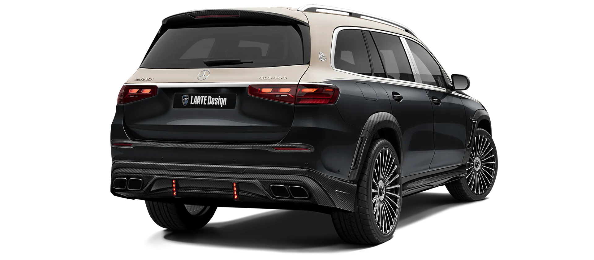 Mercedes Maybach GLS 600 X167 Facelift 2025 carbon back view shown in Two Tone Black Gold Mercedes Maybach GLS 600 X167 Facelift 2025 with carbon body kit: back view shown in Two Tone Black Gold