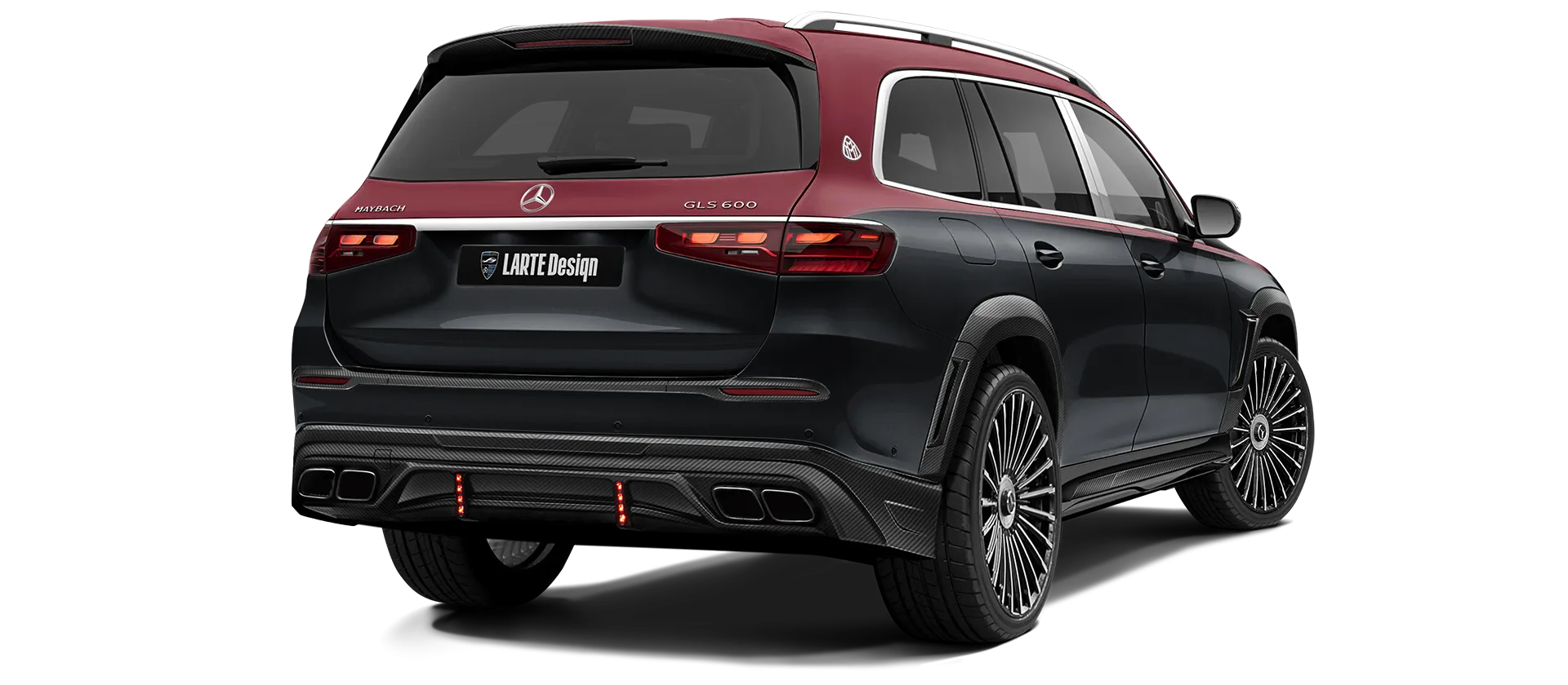 Mercedes Maybach GLS 600 X167 Facelift 2025 carbon back view shown in Two Tone Black Red Mercedes Maybach GLS 600 X167 Facelift 2025 with carbon body kit: back view shown in Two Tone Black Red