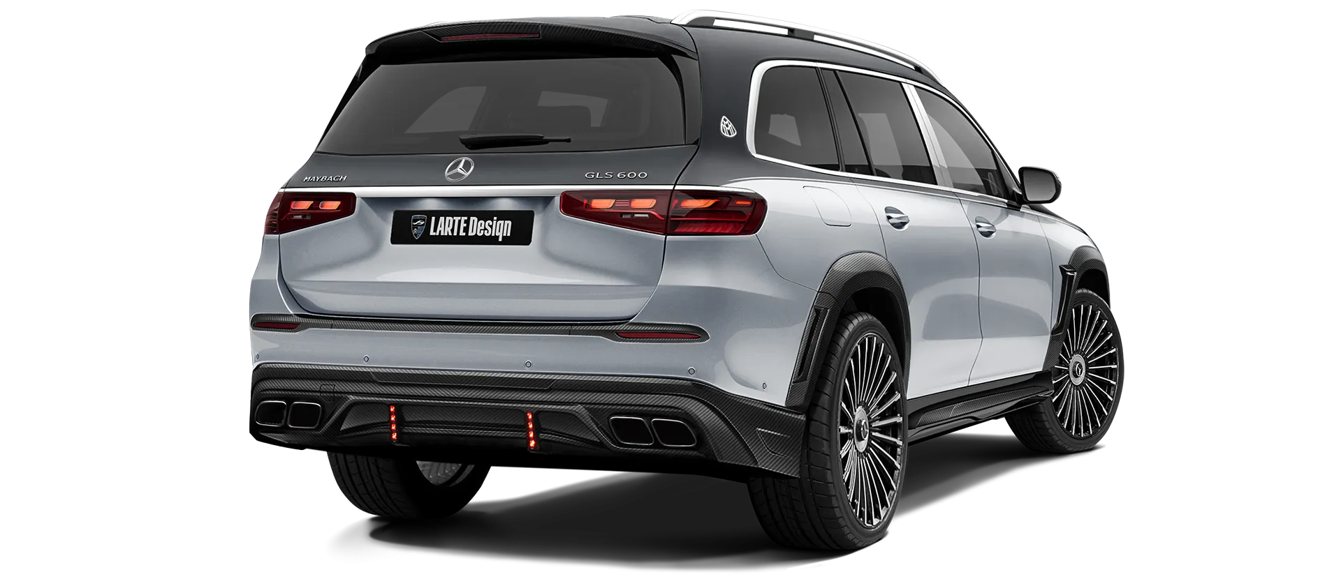 Mercedes Maybach GLS 600 X167 Facelift 2025 carbon back view shown in Two Tone Black Silver Mercedes Maybach GLS 600 X167 Facelift 2025 with carbon body kit: back view shown in Two Tone Black Silver