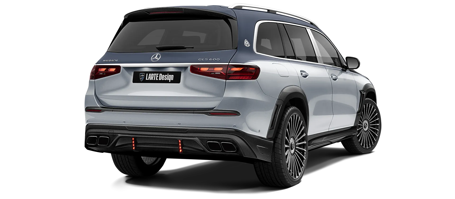 Mercedes Maybach GLS 600 X167 Facelift 2025 carbon back view shown in Two Tone Silver Blue Mercedes Maybach GLS 600 X167 Facelift 2025 with carbon body kit: back view shown in Two Tone Silver Blue