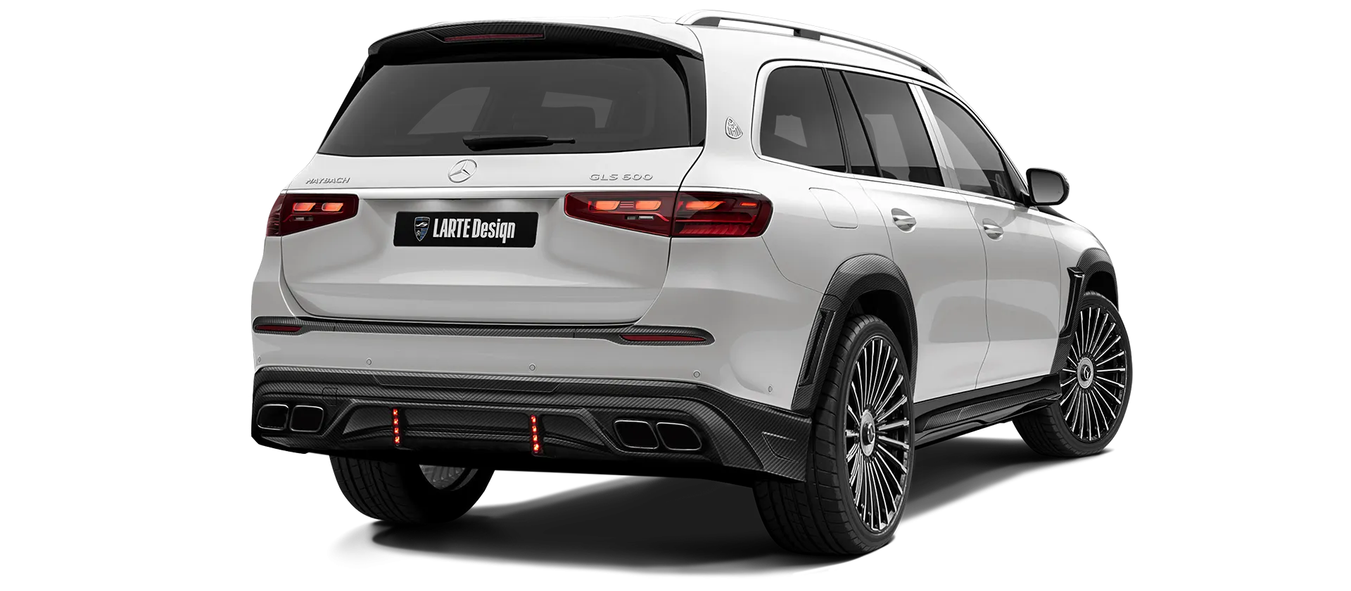 Mercedes Maybach GLS 600 X167 Facelift 2025 carbon back view shown in White Mercedes Maybach GLS 600 X167 Facelift 2025 with carbon body kit: back view shown in White