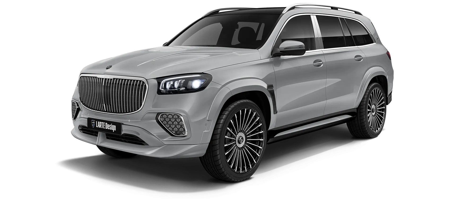 Mercedes Maybach GLS 600 X167 Facelift 2025 painted front view shown in Alpine Silver Mercedes Maybach GLS 600 X167 Facelift 2025 with painted body kit: front view shown in Alpine Silver