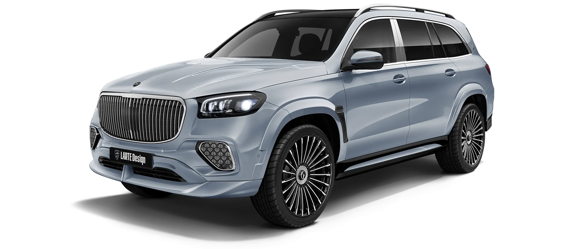 Mercedes Maybach GLS 600 X167 Facelift 2025 painted front view shown in Azur Blue Mercedes Maybach GLS 600 X167 Facelift 2025 with painted body kit: front view shown in Azur Blue