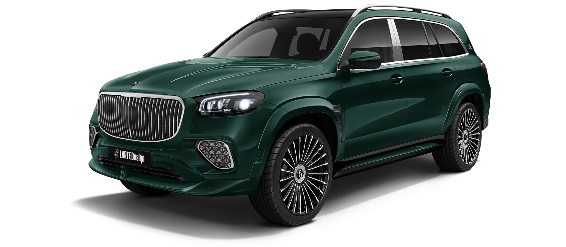 Mercedes Maybach GLS 600 X167 Facelift 2025 painted front view shown in Green Mercedes Maybach GLS 600 X167 Facelift 2025 with painted body kit: front view shown in Green