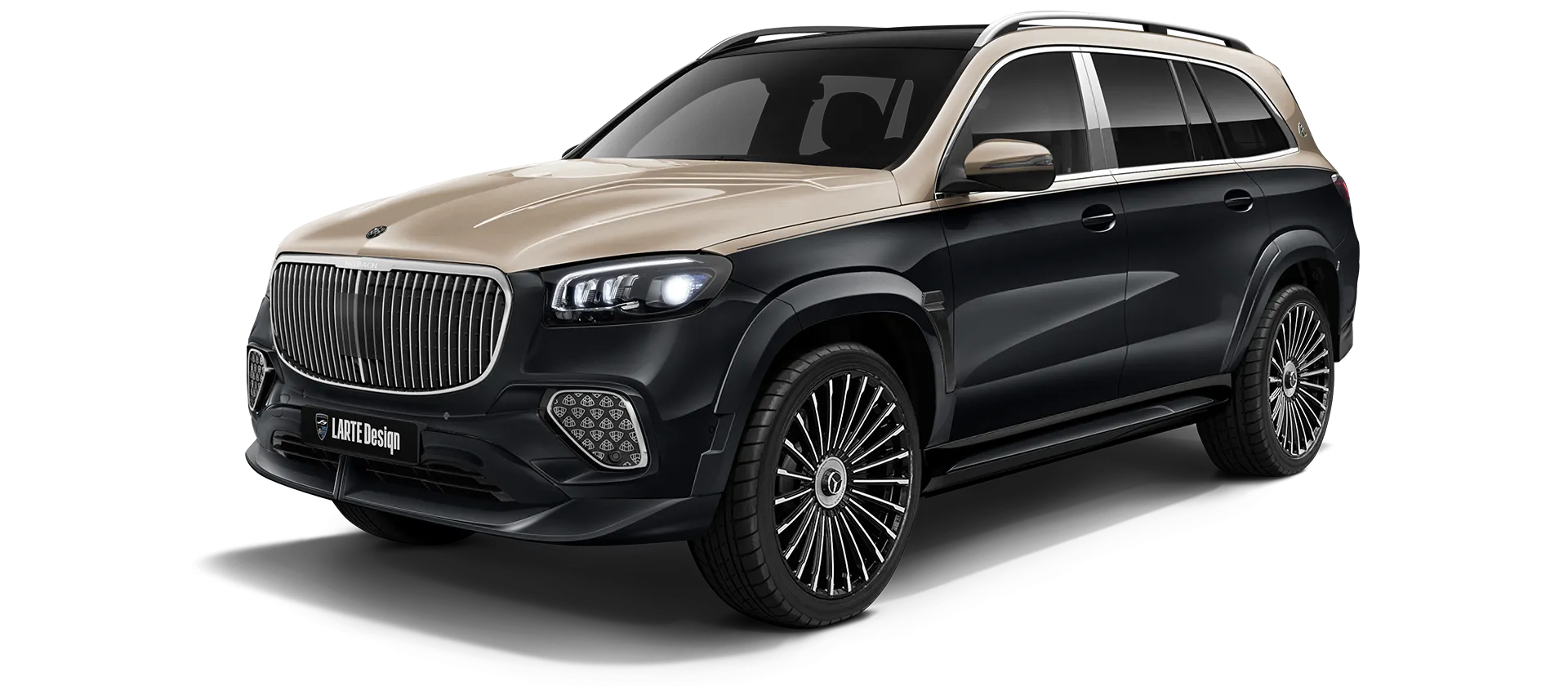 Mercedes Maybach GLS 600 X167 Facelift 2025 painted front view shown in Two Tone Black Gold Mercedes Maybach GLS 600 X167 Facelift 2025 with painted body kit: front view shown in Two Tone Black Gold