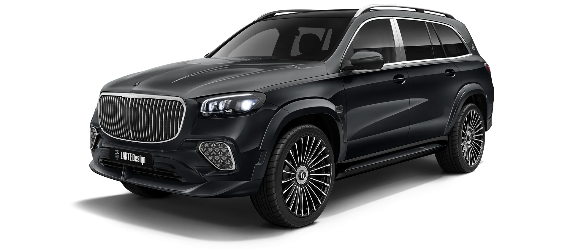 Mercedes Maybach GLS 600 X167 Facelift 2025 painted front view shown in Two Tone Black & Gray Mercedes Maybach GLS 600 X167 Facelift 2025 with painted body kit: front view shown in Two Tone Black & Gray