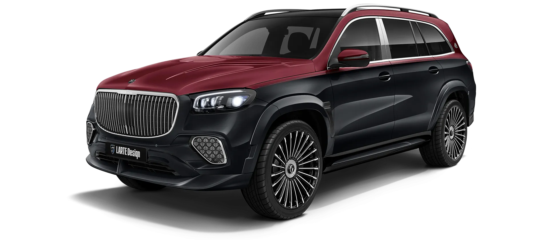 Mercedes Maybach GLS 600 X167 Facelift 2025 painted front view shown in Two Tone Black Red Mercedes Maybach GLS 600 X167 Facelift 2025 with painted body kit: front view shown in Two Tone Black Red