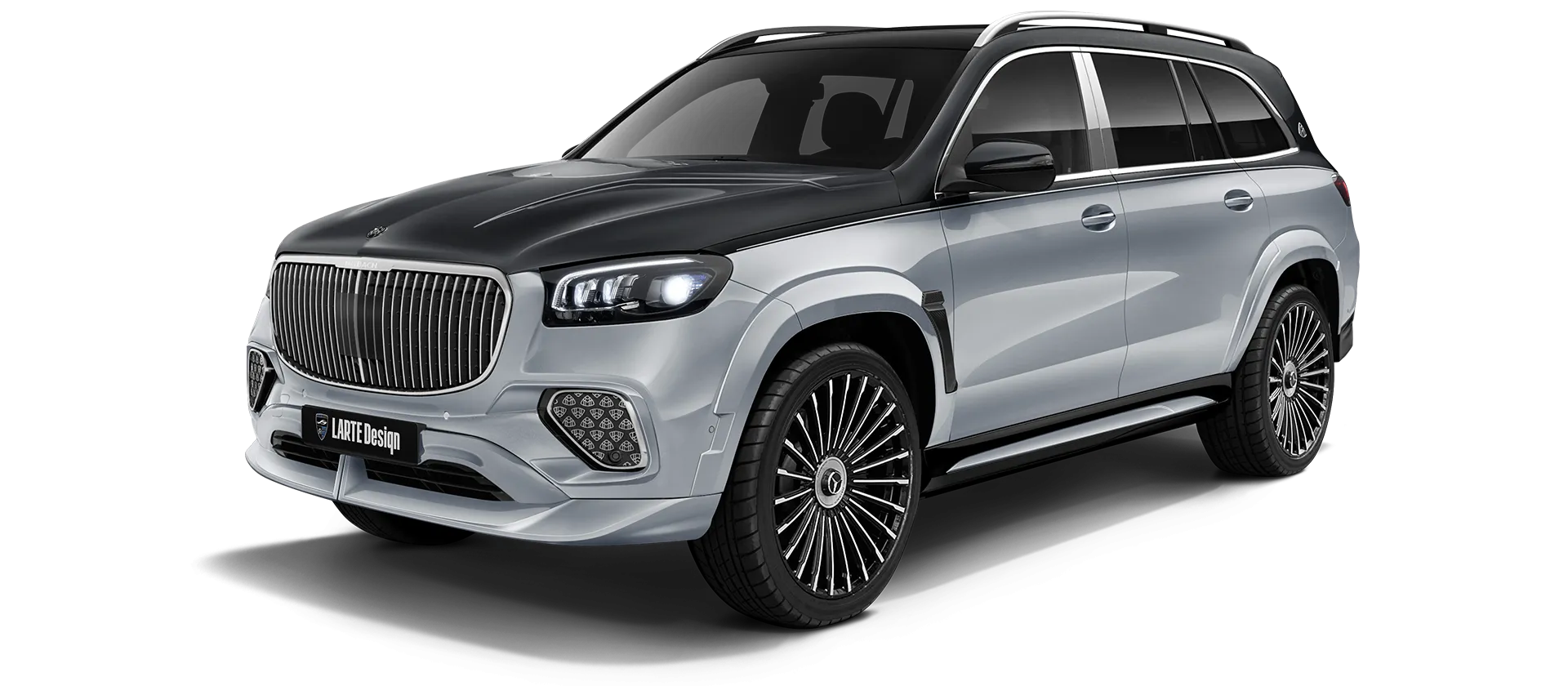Mercedes Maybach GLS 600 X167 Facelift 2025 painted front view shown in Two Tone Black Silver Mercedes Maybach GLS 600 X167 Facelift 2025 with painted body kit: front view shown in Two Tone Black Silver