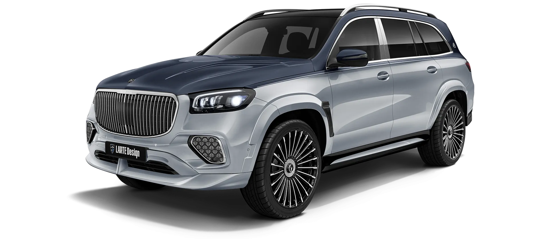 Mercedes Maybach GLS 600 X167 Facelift 2025 painted front view shown in Two Tone Silver Blue Mercedes Maybach GLS 600 X167 Facelift 2025 with painted body kit: front view shown in Two Tone Silver Blue