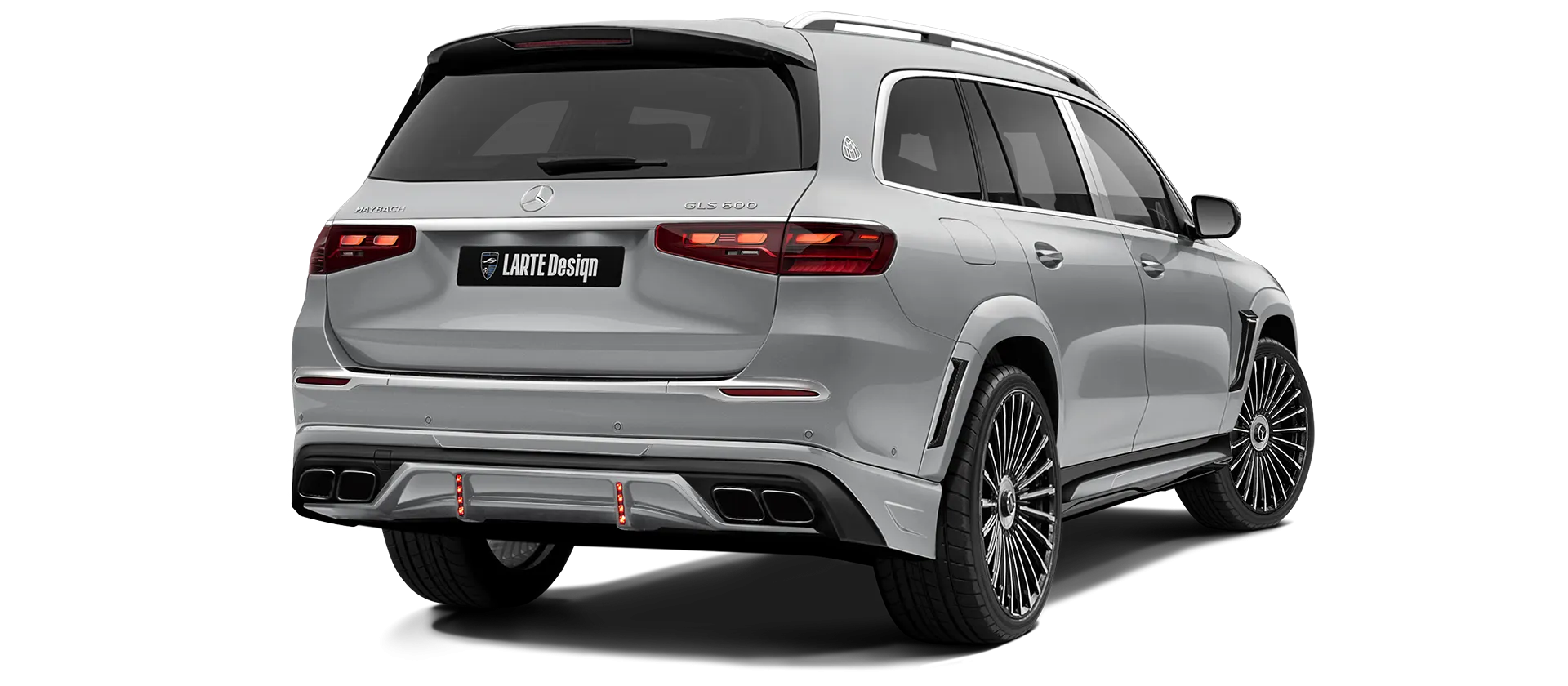 Mercedes Maybach GLS 600 X167 Facelift 2025 painted rear view shown in Alpine Silver Mercedes Maybach GLS 600 X167 Facelift 2025 with painted body kit: rear view shown in Alpine Silver