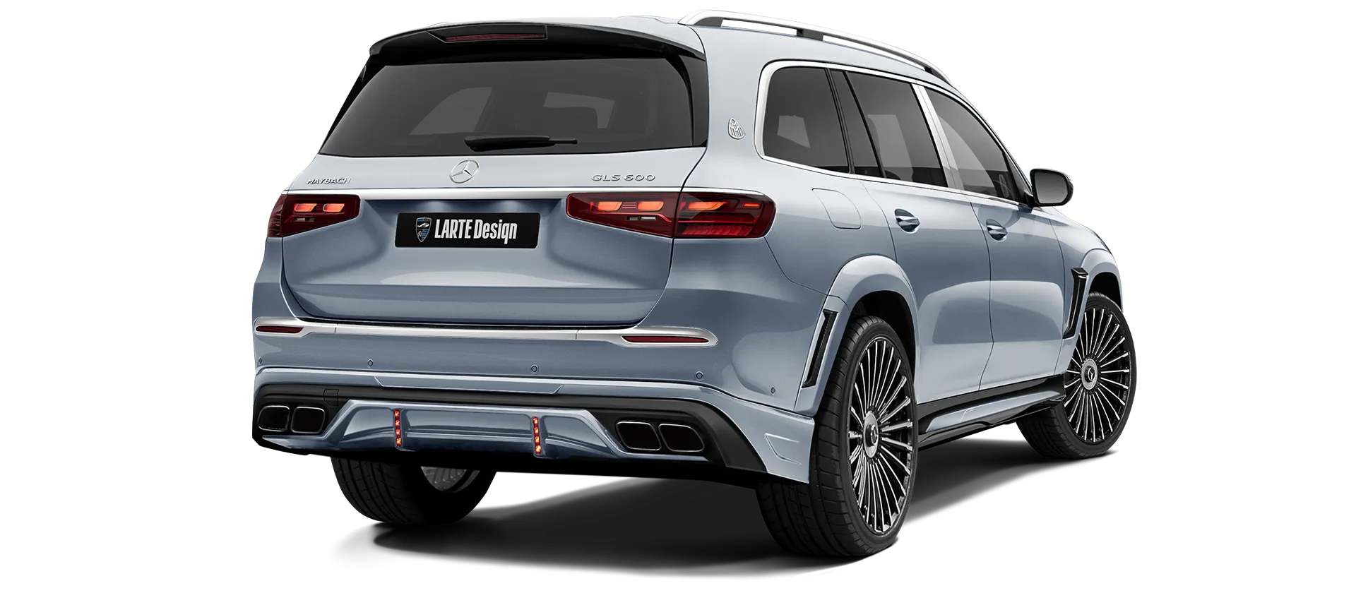 Mercedes Maybach GLS 600 X167 Facelift 2025 painted rear view shown in Azur Blue Mercedes Maybach GLS 600 X167 Facelift 2025 with painted body kit: rear view shown in Azur Blue