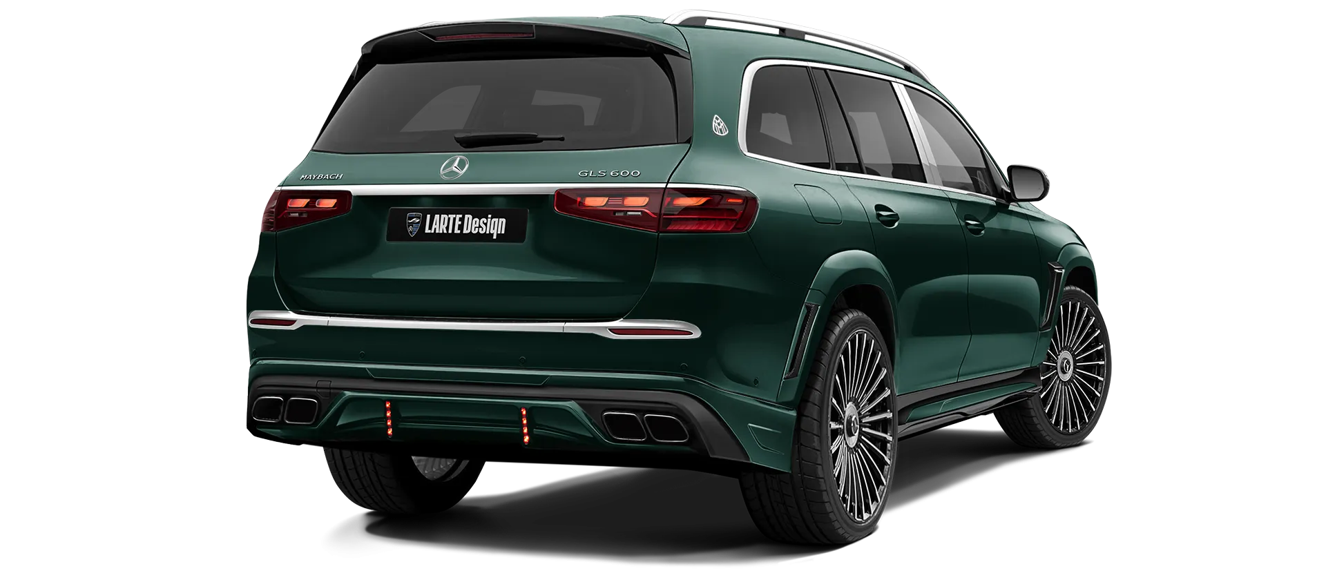 Mercedes Maybach GLS 600 X167 Facelift 2025 painted rear view shown in Green Mercedes Maybach GLS 600 X167 Facelift 2025 with painted body kit: rear view shown in Green