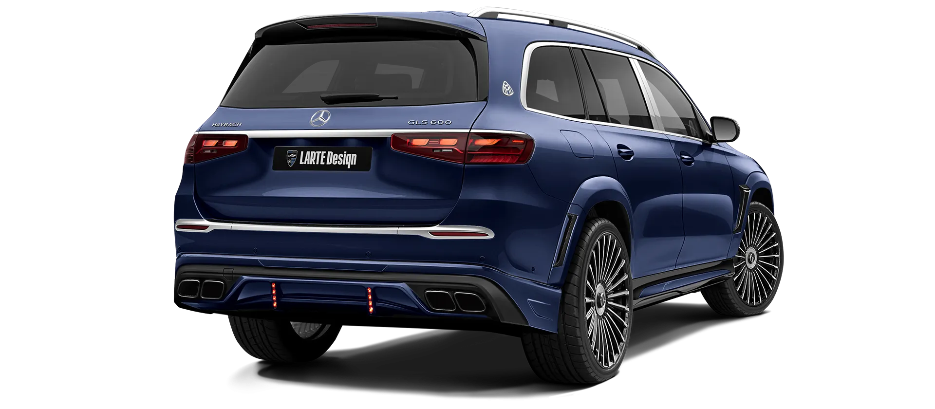 Mercedes Maybach GLS 600 X167 Facelift 2025 painted rear view shown in Mystic Blue Mercedes Maybach GLS 600 X167 Facelift 2025 with painted body kit: rear view shown in Mystic Blue
