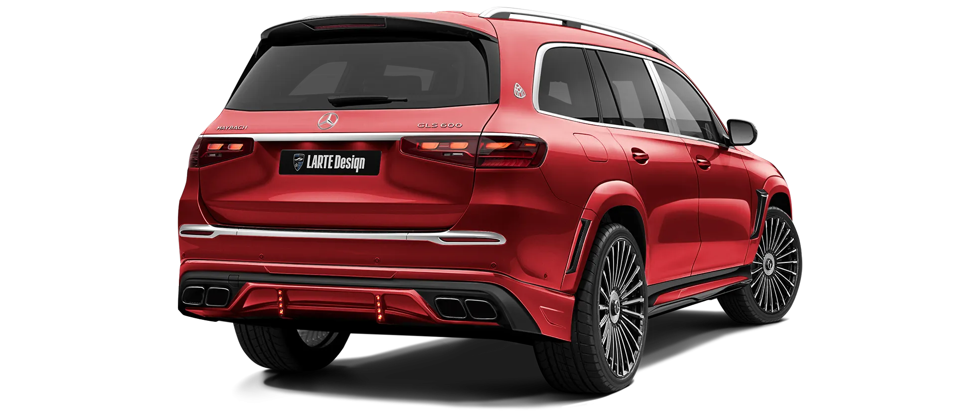 Mercedes Maybach GLS 600 X167 Facelift 2025 painted rear view shown in Red Mercedes Maybach GLS 600 X167 Facelift 2025 with painted body kit: rear view shown in Red
