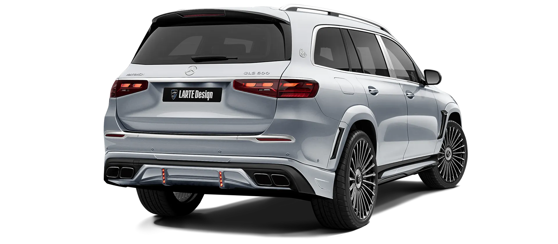 Mercedes Maybach GLS 600 X167 Facelift 2025 painted rear view shown in Silver High Tech Mercedes Maybach GLS 600 X167 Facelift 2025 with painted body kit: rear view shown in Silver High Tech