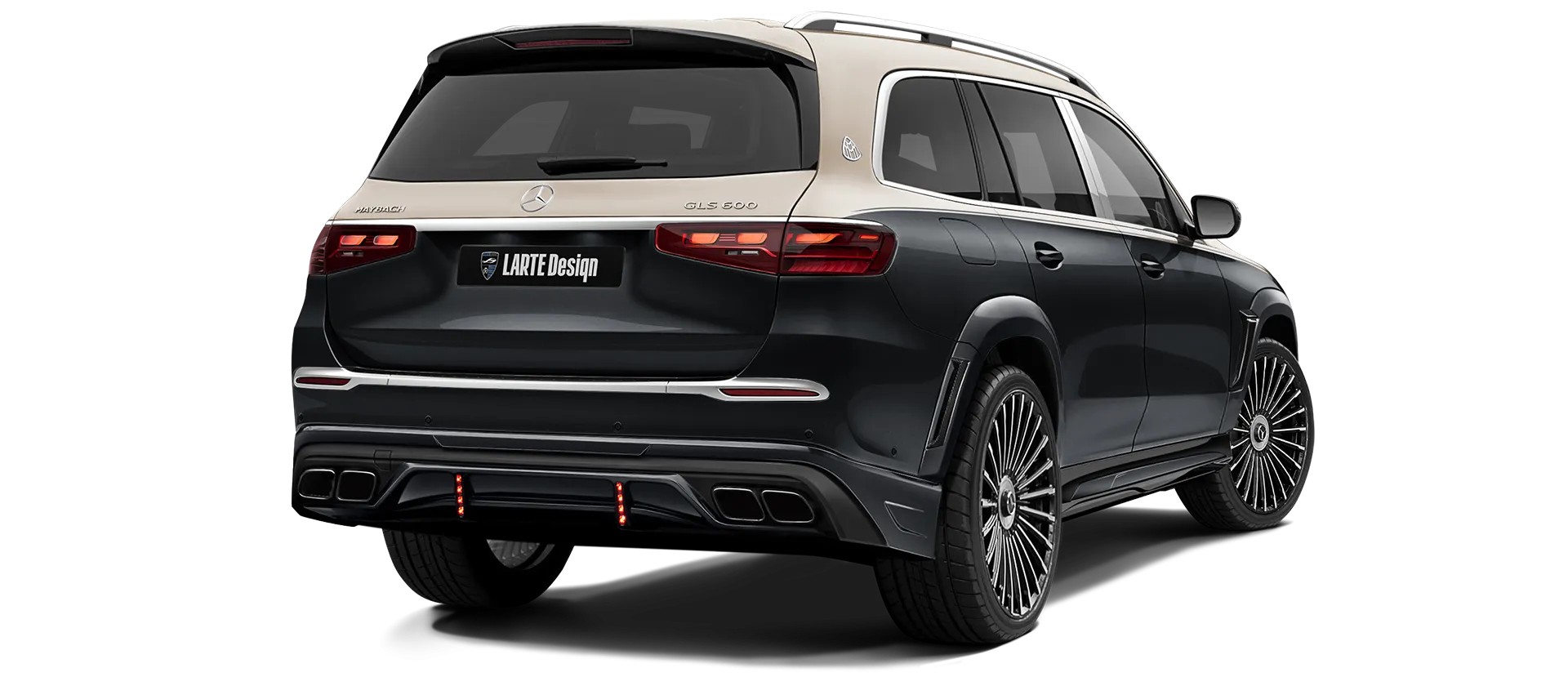 Mercedes Maybach GLS 600 X167 Facelift 2025 painted rear view shown in Two Tone Black Gold Mercedes Maybach GLS 600 X167 Facelift 2025 with painted body kit: rear view shown in Two Tone Black Gold