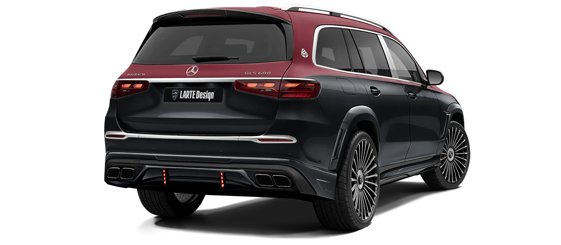 Mercedes Maybach GLS 600 X167 Facelift 2025 painted rear view shown in Two Tone Black Red Mercedes Maybach GLS 600 X167 Facelift 2025 with painted body kit: rear view shown in Two Tone Black Red