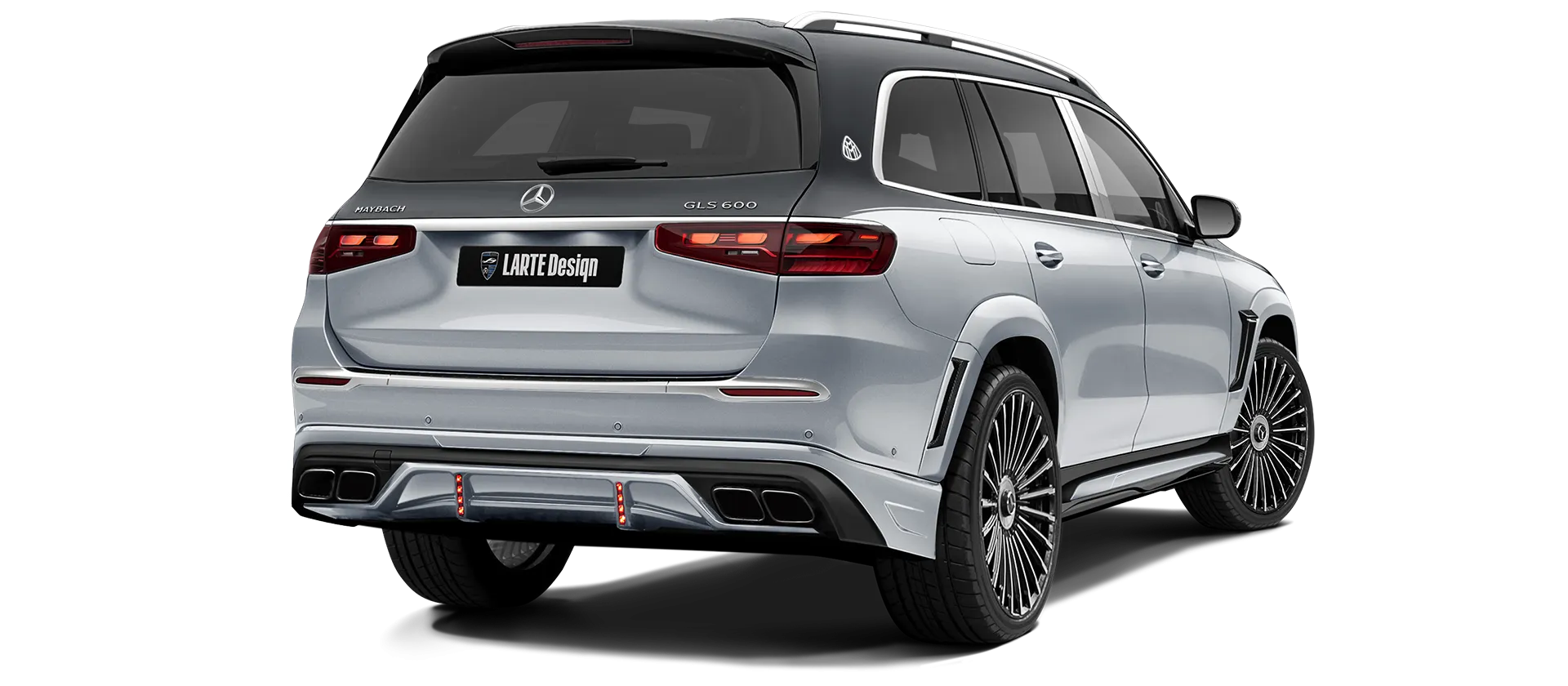 Mercedes Maybach GLS 600 X167 Facelift 2025 painted rear view shown in Two Tone Black Silver Mercedes Maybach GLS 600 X167 Facelift 2025 with painted body kit: rear view shown in Two Tone Black Silver