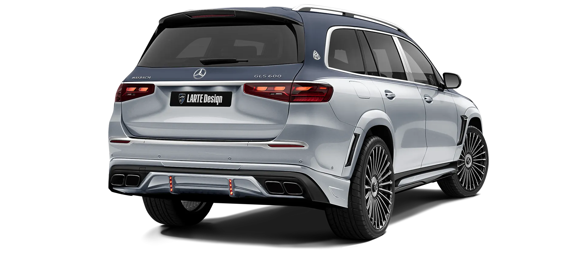 Mercedes Maybach GLS 600 X167 Facelift 2025 painted rear view shown in Two Tone Silver Blue Mercedes Maybach GLS 600 X167 Facelift 2025 with painted body kit: rear view shown in Two Tone Silver Blue