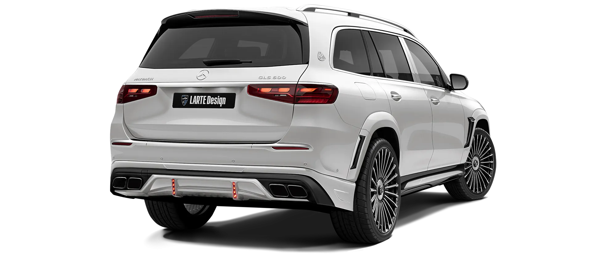 Mercedes Maybach GLS 600 X167 Facelift 2025 painted rear view shown in White Mercedes Maybach GLS 600 X167 Facelift 2025 with painted body kit: rear view shown in White