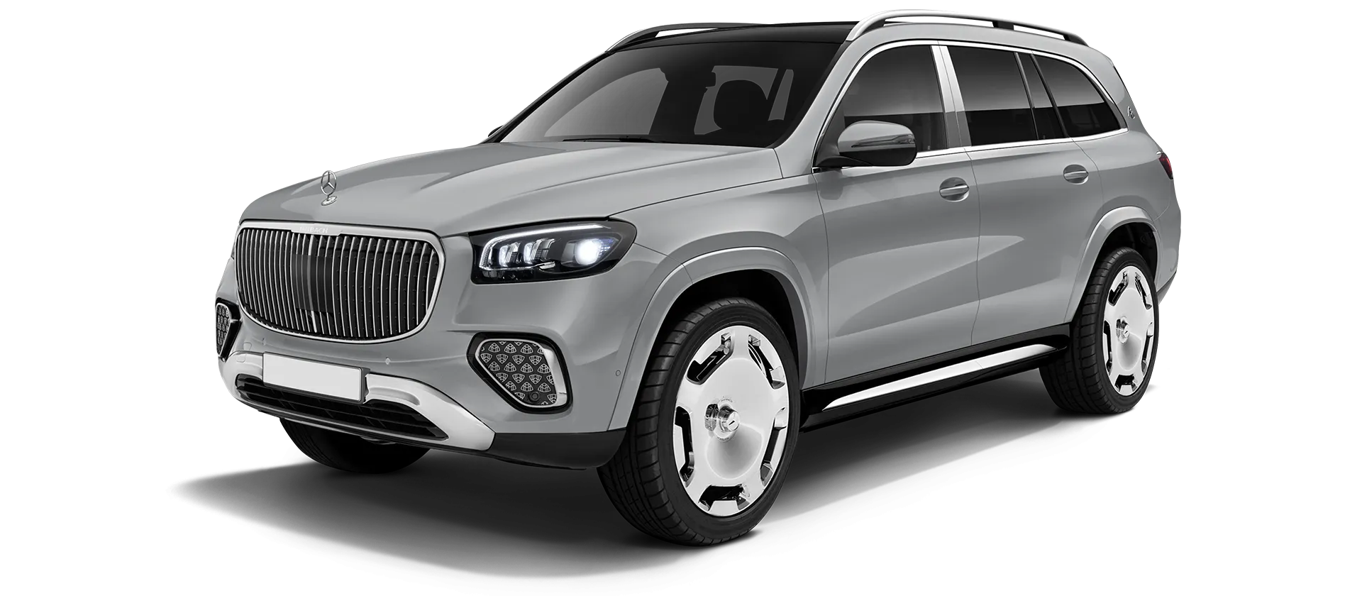 Mercedes Maybach GLS 600 X167 Facelift 2025 stock front view in Alpine Silver Mercedes Maybach GLS 600 X167 Facelift 2025 stock front view in Alpine Silver color