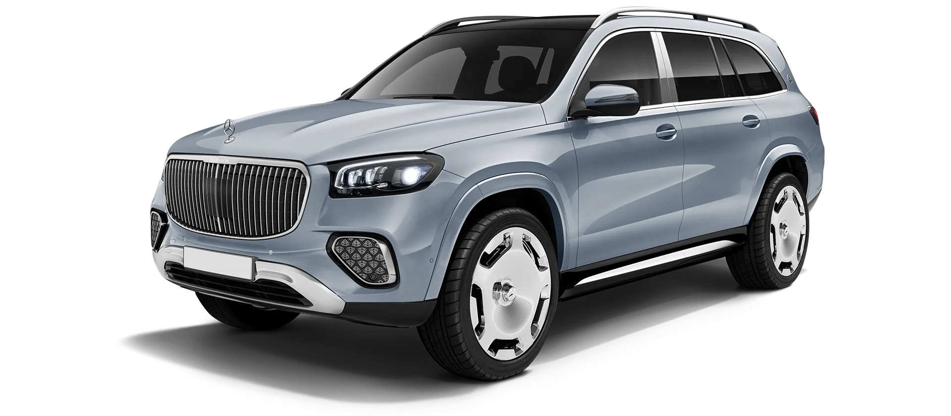 Mercedes Maybach GLS 600 X167 LCI 2025 stock front view in Azur Blue Mercedes Maybach GLS 600 X167 LCI 2025 stock front view in Azur Blue color