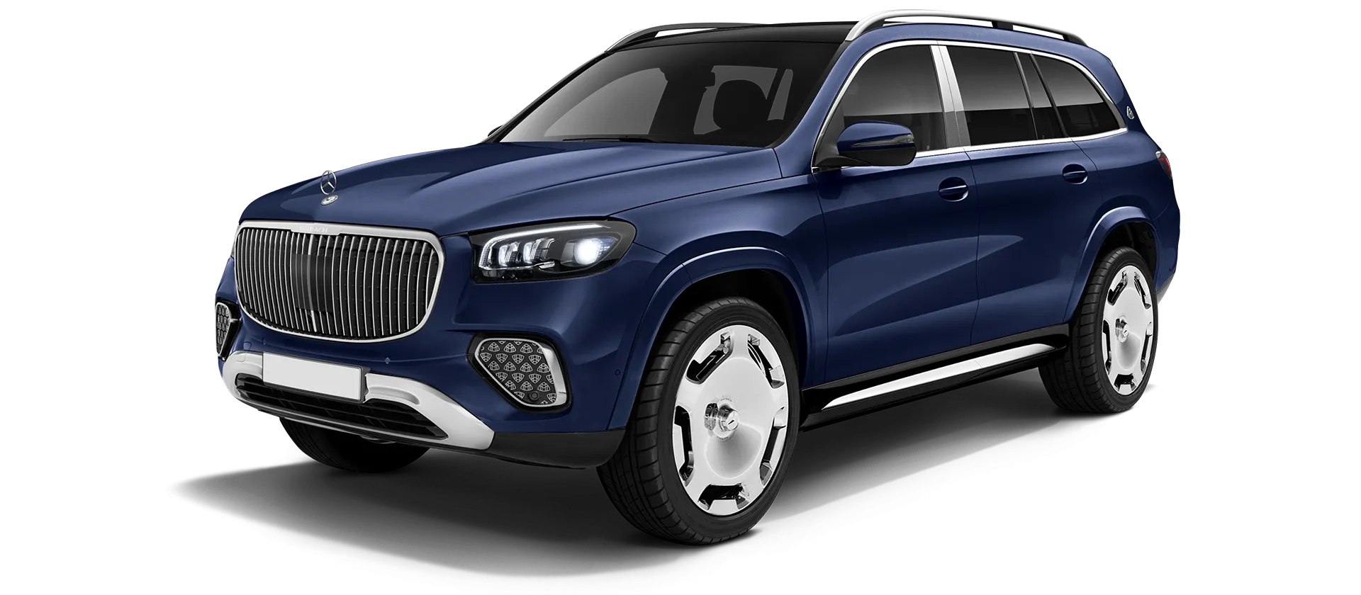 Mercedes Maybach GLS 600 X167 Facelift 2025 stock front view in Mystic Blue Mercedes Maybach GLS 600 X167 Facelift 2025 stock front view in Mystic Blue color