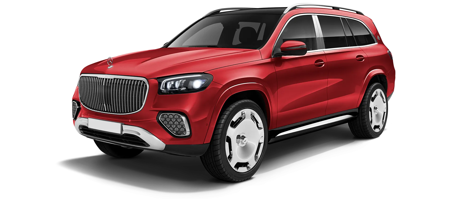 Mercedes Maybach GLS 600 X167 Facelift 2025 stock front view in Red Mercedes Maybach GLS 600 X167 Facelift 2025 stock front view in Red color