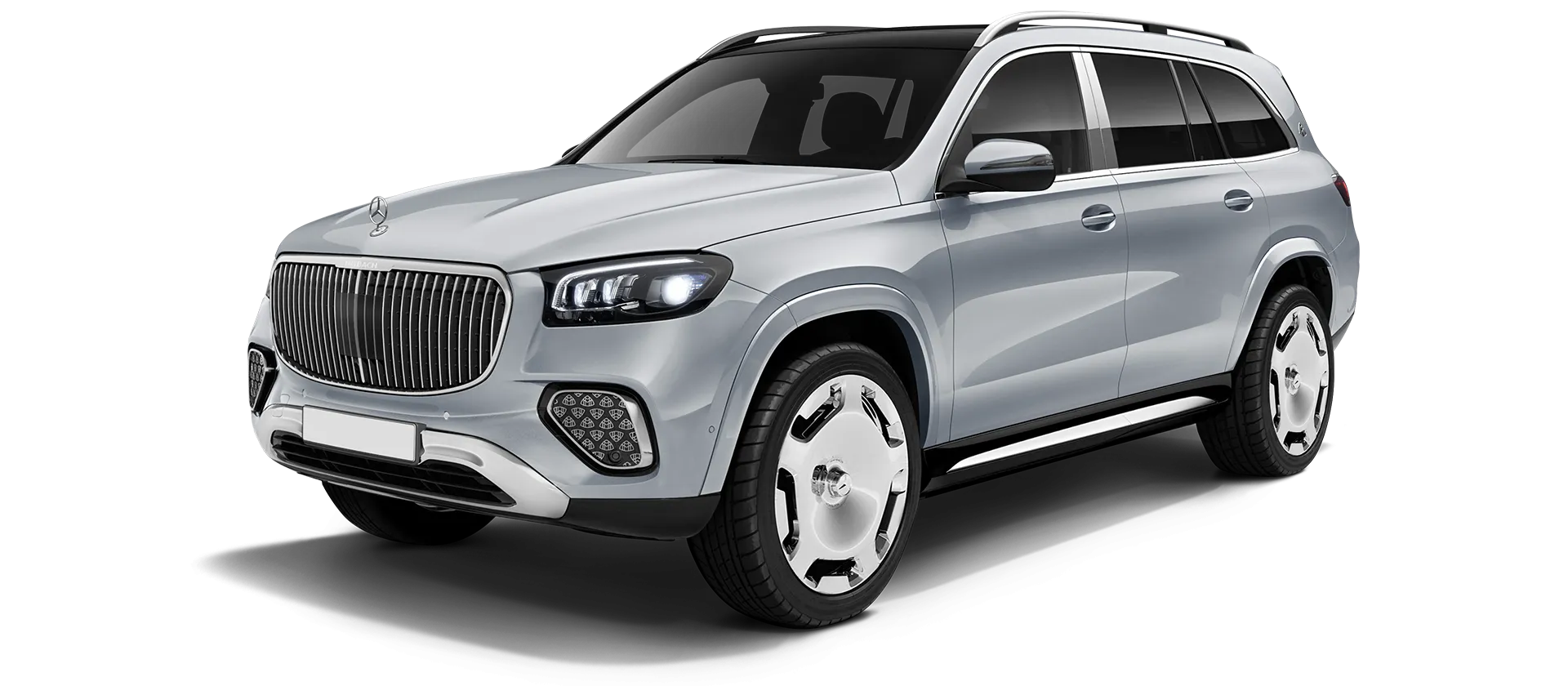 Mercedes Maybach GLS 600 X167 Facelift 2025 stock front view in Silver High Tech Mercedes Maybach GLS 600 X167 Facelift 2025 stock front view in Silver High Tech color