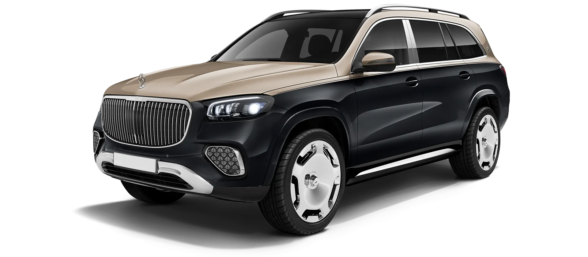Mercedes Maybach GLS 600 X167 Facelift 2025 stock front view in Two Tone Black Gold Mercedes Maybach GLS 600 X167 Facelift 2025 stock front view in Two Tone Black Gold color